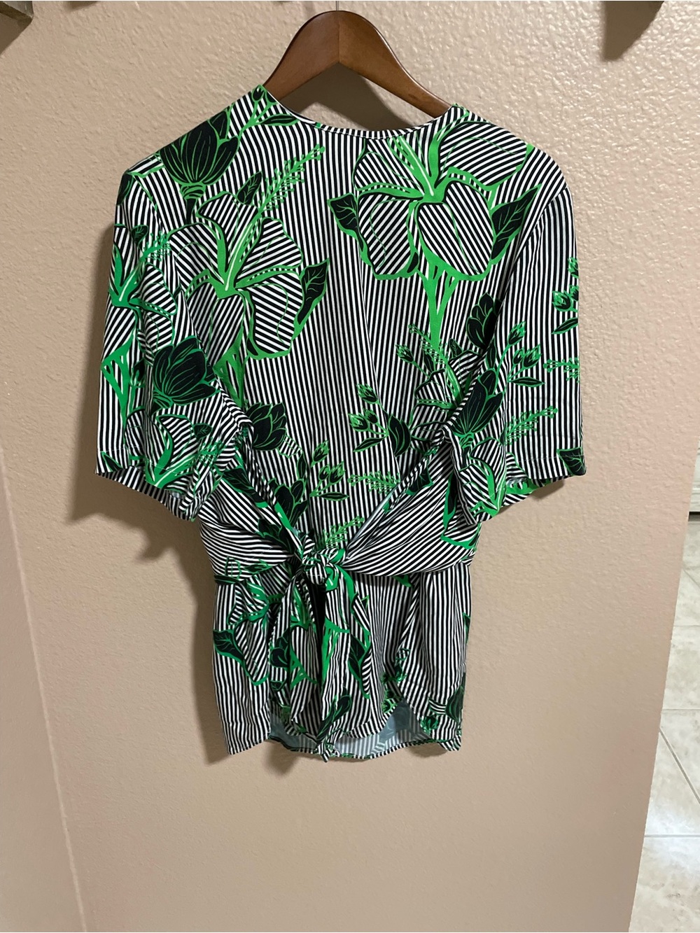 Lela Rose Black-and-White Striped Shirt with Green Floral Print